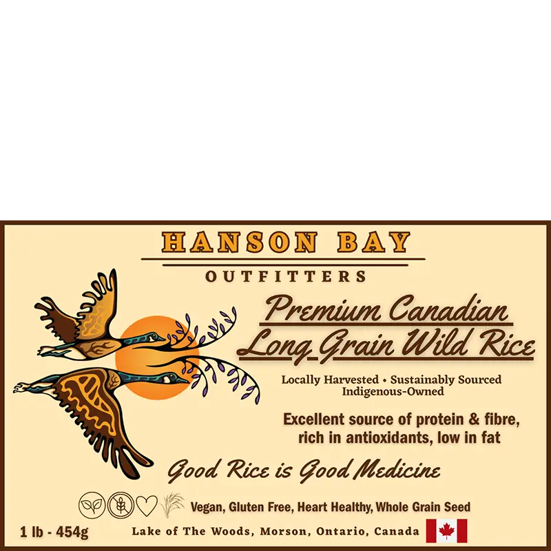 Hanson Bay Outfitters premium Canadian long grain wild rice packaging label with illustrated bird
