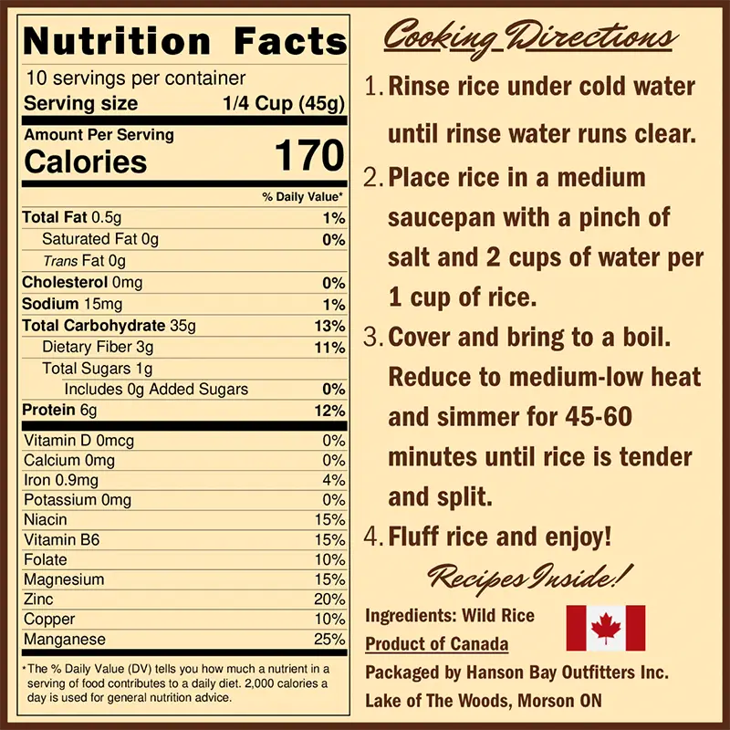 Hanson Bay wild rice nutrition facts panel and cooking instructions